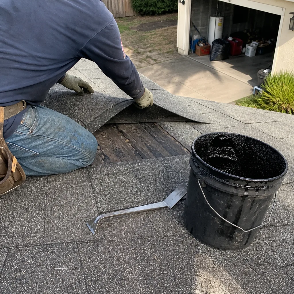 Professional contractor performing asphalt shingle roof repair with roofing cement