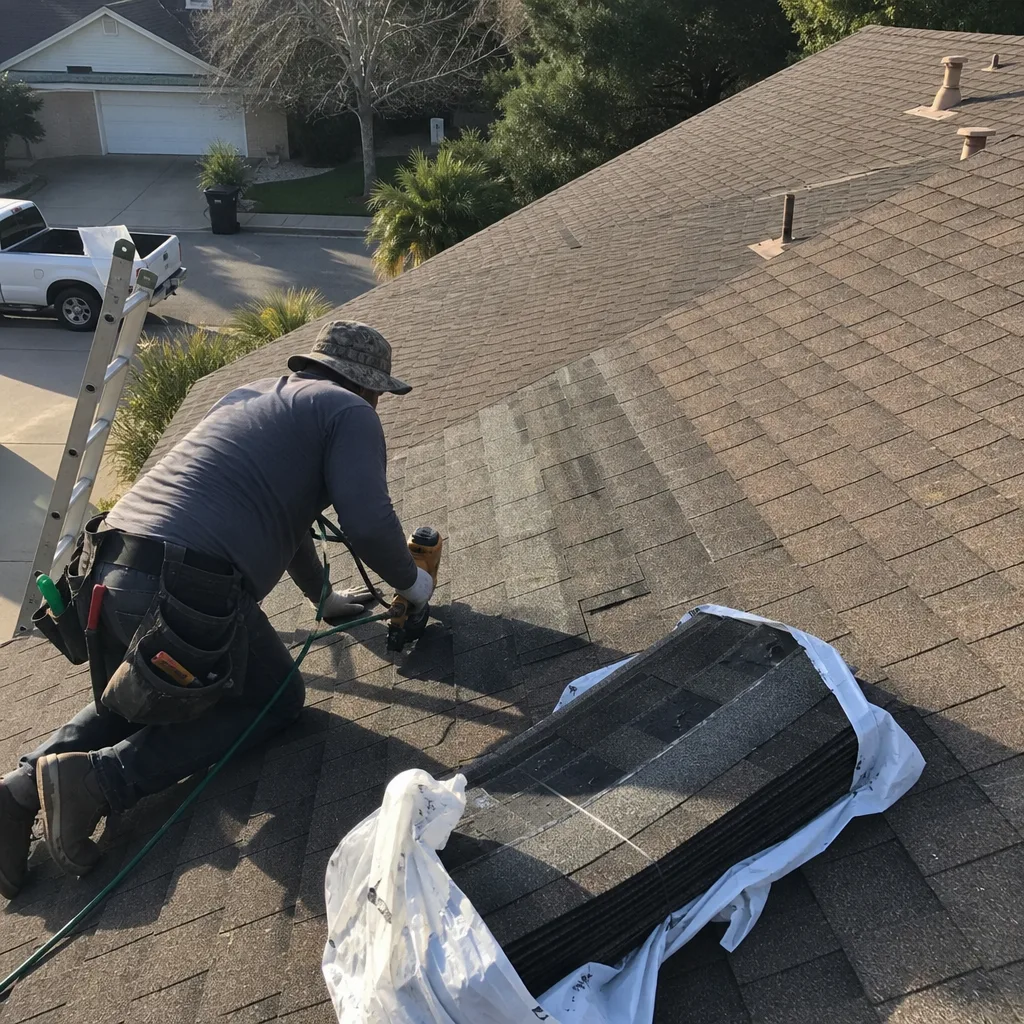 Roofing contractor installing asphalt shingles with a nail gun