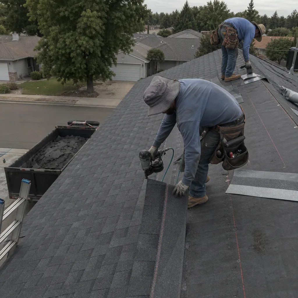 Two professional roofers installing new asphalt shingles on a residential roof