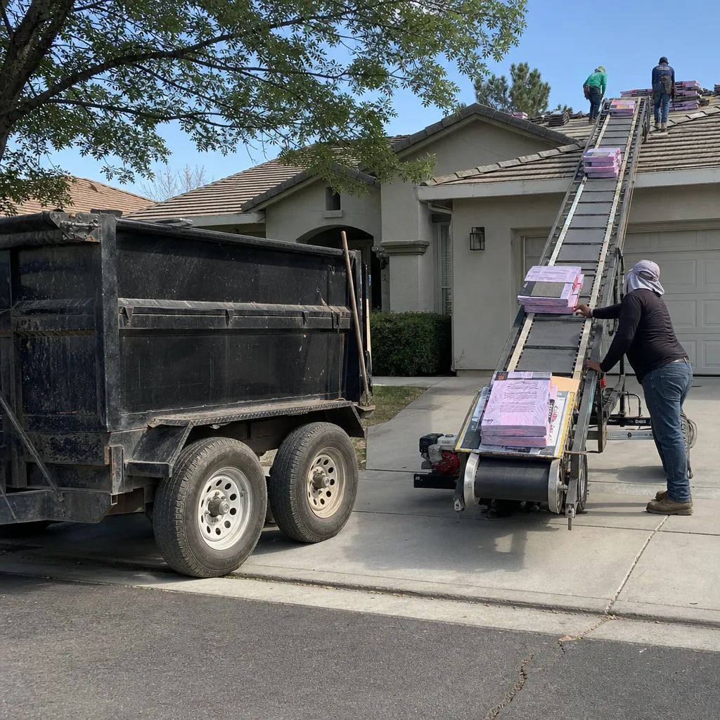 Roofing crew using a conveyor belt to lift shingle bundles