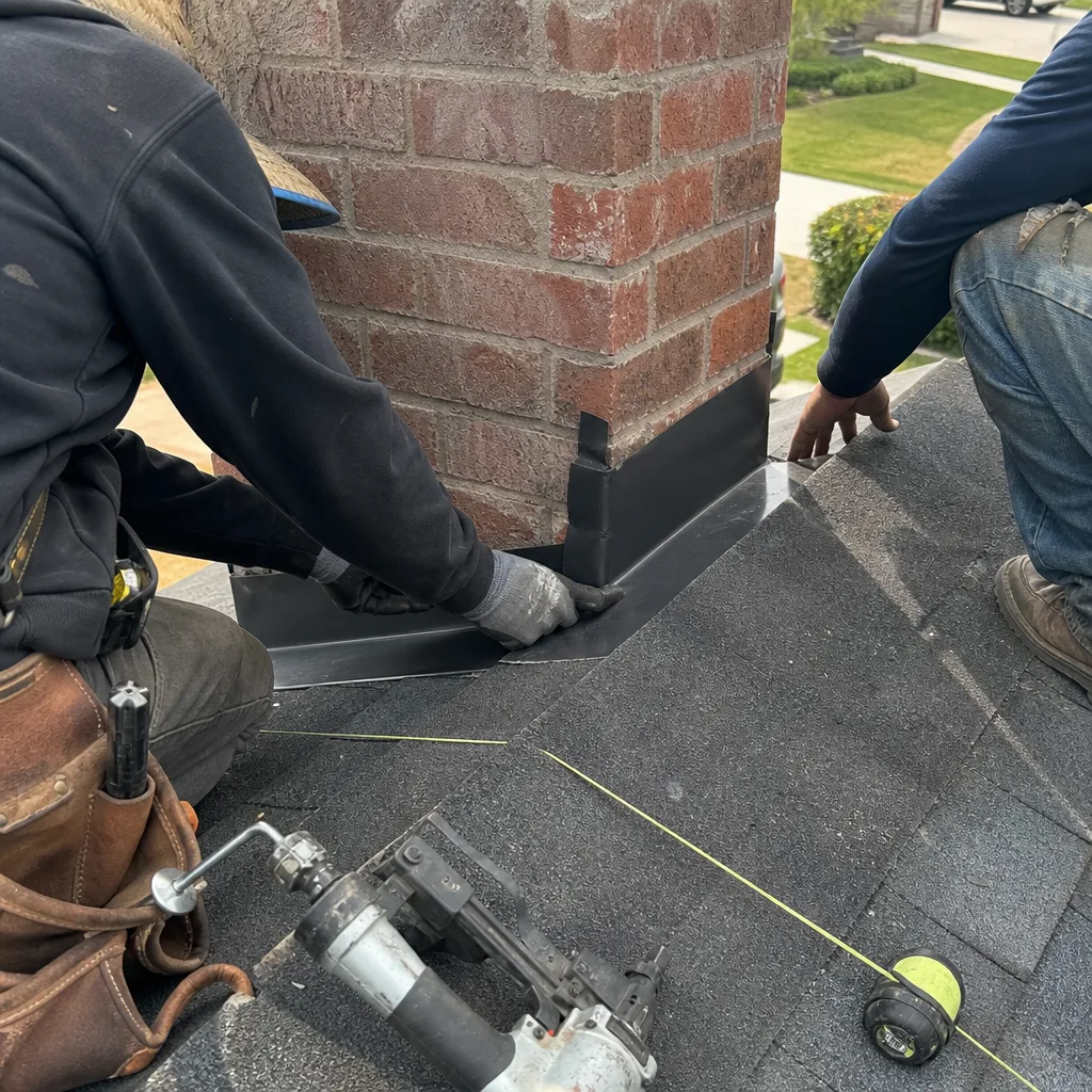 Roofers installing professional metal chimney flashing on a residential roof