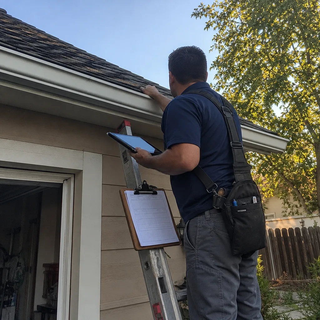 Roofing contractor inspecting house roof with tablet and clipboard